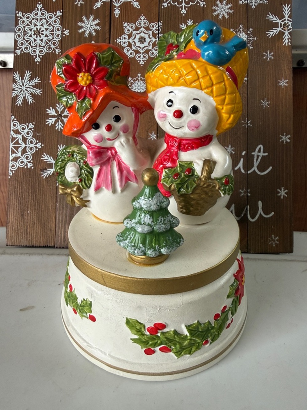 Festive Snow Couple Music Box with Red & Green Holiday Accents